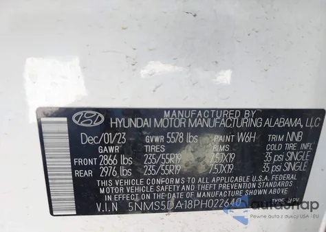 2023 Hyundai Santa Fe Hybrid Limited z USA, uszkodzony, nr VIN 5NMS5DA18PH022640